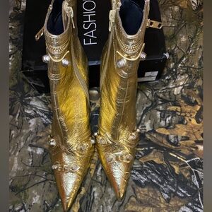 Fashion nova gold high heel boot